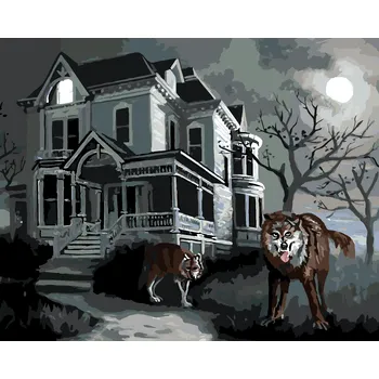 ZUTY Malování podle čísel - VLK A STRAŠIDELNÝ DŮM ZA ÚPLŇKU (D. RUSTY RUST) Rozměr: 40x50 cm, Rámování: bez rámu a bez vypnutí plátna