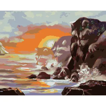 ZUTY Malování podle čísel - PLACHETNICE, MÝVAL, SKÁLY, MOŘE A ZÁPAD SLUNCE (D. RUSTY RUST) Rozměr: 40x50 cm, Rámování: vypnuté plátno na rám