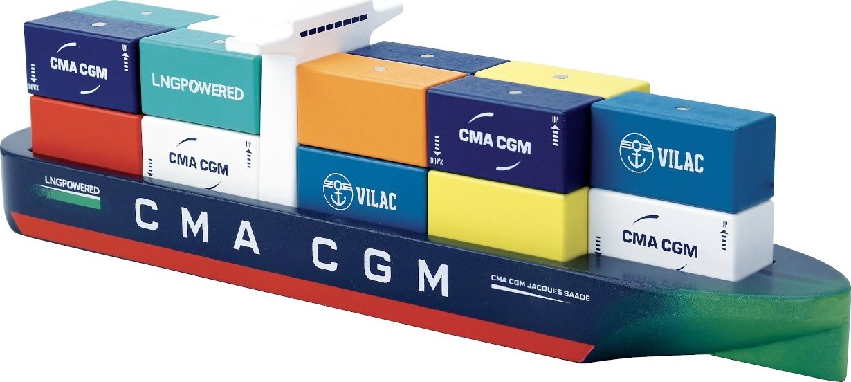 Barca Portacontainer Vilac In Legno - Giocattolo Educativo Con Magneti, 18 Pezzi, Ispirata Alla CMA CGM Jacques Saadé