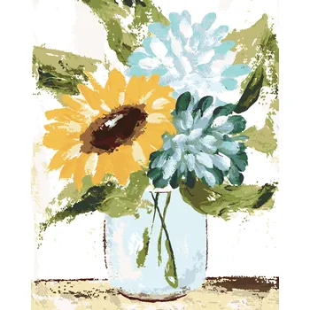 ZUTY Malování podle čísel - HORTENZIE A SLUNEČNICE VE VÁZE (HALEY BUSH) Rozměr: 40x50 cm, Rámování: vypnuté plátno na rám