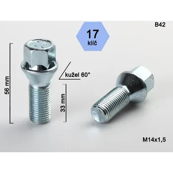 Šroub Kolový šroub M14x1,5x33mm, dosedací plocha kužel, klíč 17, pozink (Šroub na kola)