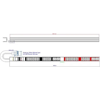 Napájecí panel PDU IP-BA-320C34C932 Vertikální napájecí panel, 20xC13, 4xC19, 250V, 32A, 3m kabel se zástrčkou EN60309 32A