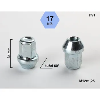 Matice na kolo Kolová matice M12x1,25mm, dosedací plocha kužel, zavřená, klíč 17, pozink (Matice na kola)