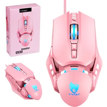 Herní USB počítačová myš, drátová, optická, RGB LED podsvícení, 1200-6400 DPI, 7 tlačítek, růžová (Gaming růžová počítačová myš)