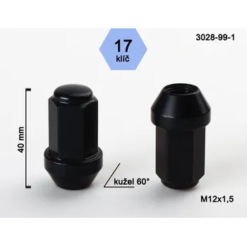 Matice na kolo Kolová matice M12x1,5mm, dosedací plocha kužel odlehčená, klíč 17, černý hliník (Matice na kola)