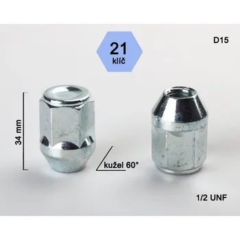 Matice na kolo Kolová matice 1/2 UNF, dosedací plocha kužel, zavřená, klíč 21, pozink (Matice na kola)