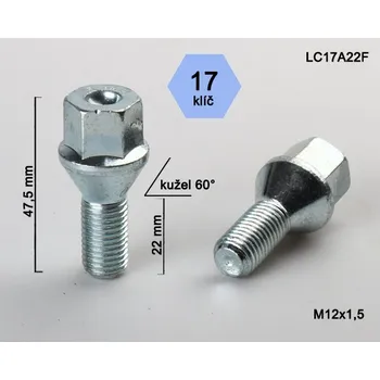 Šroubek na kolo Kolový šroub M12x1,5x22mm, dosedací plocha kužel, klíč 17, pozink (Šroub na kola)