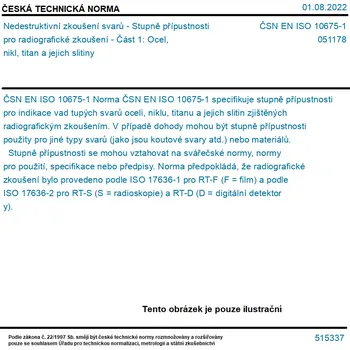 ČSN EN ISO 10675-1 - Nedestruktivní zkoušení svarů - Stupně přípustnosti pro radiografické zkoušení - Část 1: Ocel, nikl, titan a jejich slitiny - Tisk