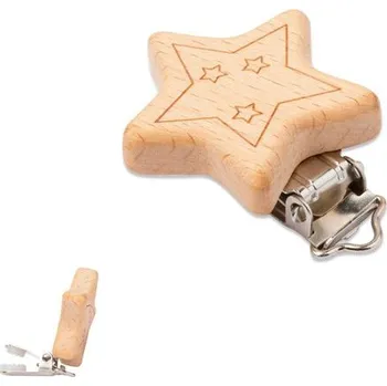 klip na dudlíky Dřevěný klip na dudlík 41x41x10 mm hvězdička s kovovou sponou