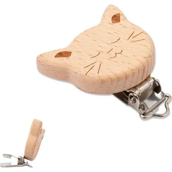 klip na dudlíky Dřevěný klip na dudlík 44x35x10 mm kočička s kovovou sponou