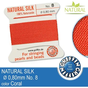 Nit Hedvábná nit s jehlou GRIFFIN síla nitě 0,80mm No.8 délka 2m. Barva Coral