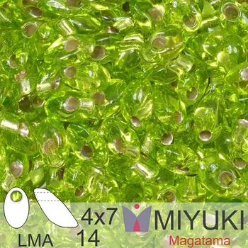 Korálek Korálky MIYUKI tvar Long MAGATAMA velikost 4x7mm. Barva LMA-14 Silverlined Chartreuse. Balení 5g.