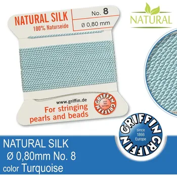 Nit Hedvábná nit s jehlou GRIFFIN síla nitě 0,80mm No.8 délka 2m. Barva Turquoise