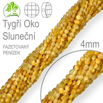 Drahý kámen Korálky z minerálů Tygří Oko Sluneční přírodní polodrahokam. Velikost pr.4mm tl. 2,5mm tvar penízek z čelních stran fazetovaný. Balení 108Ks