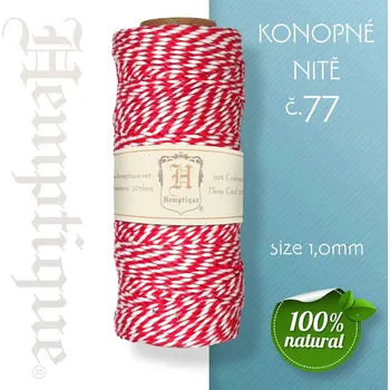 Nit Konopná nit HEMP CORD síla nitě 1,0mm. METRÁŽ Barva č.77 Červeno-Bílá