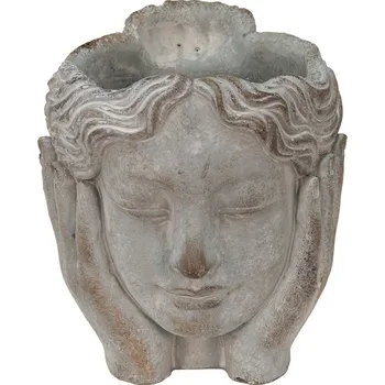 Květináč Šedý cementový květináč hlava dívky v dlaních S - 14*16*17 cm