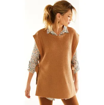 Dámská vesta Dlouhá vesta z hladkého úpletu s vázačkami na bocích, mohérová na dotek karamelová 42/44