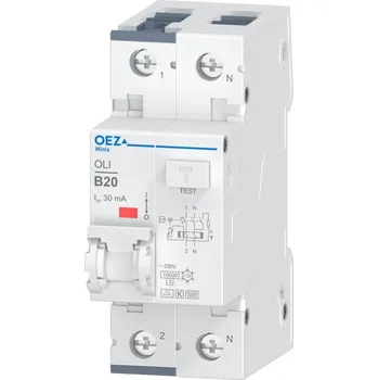 Proudový chránič OEZ LETOHRAD OEZ Jističochránič In 20 A, Ue AC 230 V, charakteristika B, Idn 30 mA, 1+N-pól, Icn 10 kA, typ F, provedení K typ OLI-20B-1N-030F-K OEZ:46792