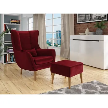 Křeslo Designové křeslo ušák s taburetkou LEVI - červené