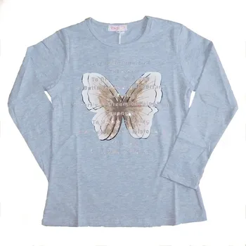 Dívčí tričko dl.r. Kugo KC2362, šedé (dívčí tričko s motýlem v junior velikostech)