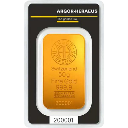 Investiční zlato - zlatý slitek 50g Argor Heraeus SA