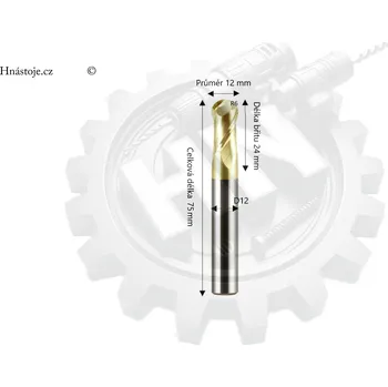 Fréza Monolitní tvrdokovová rádiusová fréza Ø12x24xD12x75L ( 2-břitá ) 65HRC-GOLD
