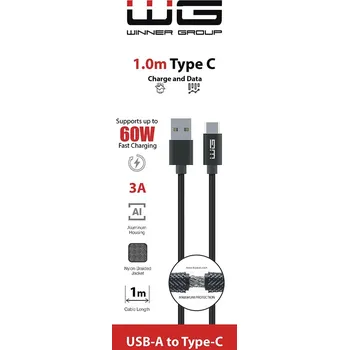Nabíjecí kabel pro elektromobil WG Datový kabel USB-A_Type-C, 3 A, černý, 100 cm