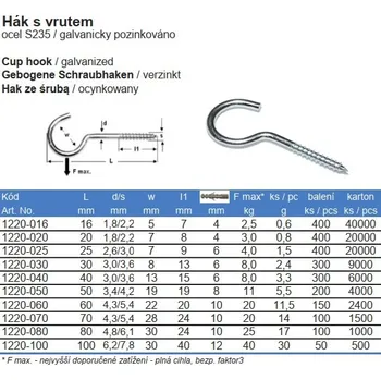 Vrut Hák s vrutem pozink Varianta: 80x4,8mm