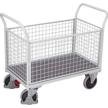 Plošinový vozík Plošinový vozík VARIOfit se čtyřmi bočními stěnami s drátěnou výplní, 1000 x 600 mm, nosnost 500 kg, barva šedá RAL7035 /deska šedá