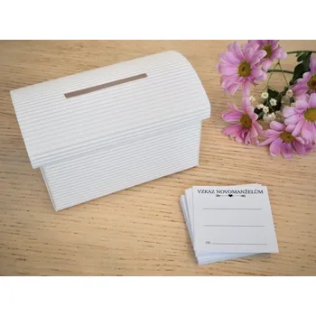 Svatební dekorace Svatba-eshop Set truhlička bílá a 50 ks kartiček Vzkaz novomanželům - zábava pro svatební hosty