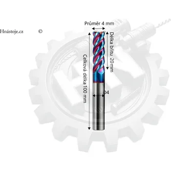 Fréza Monolitní tvrdokovová stopková fréza 4-břitá Ø4R1x20xD4x100L 60HRC