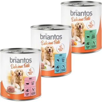 Krmivo pro psa 24x800g Briantos Delicious Paté míchané balení: ryba, jehněčí & hovězí