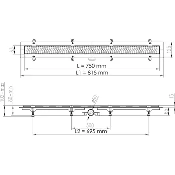 Kanalizační potrubí Lineární plastový žlab s bočním odtokem DN 50, nerez rámeček, LINE lesk 750