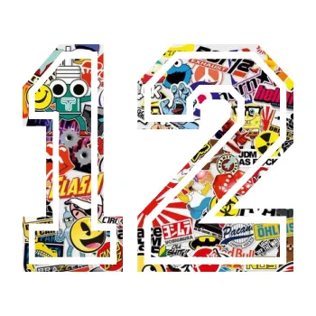 Polep vozidla Startovní číslo 12 typ 4 (83 - Sticker bomb) SAMOLEPKA NA AUTO, NÁLEPKA, FÓLIE, POLEP, TUNING, VLASTNÍ TEXT, TISK, AUTOSAMOLEPKY.cz, POLEPY, OBRÁZEK, LOGO, 3D STICKERS
