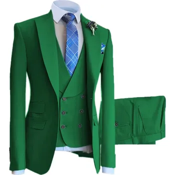 Luxusní svatební oblek na svatbu s dvouřadou vestou Barva: Zelená, Velikost: XL