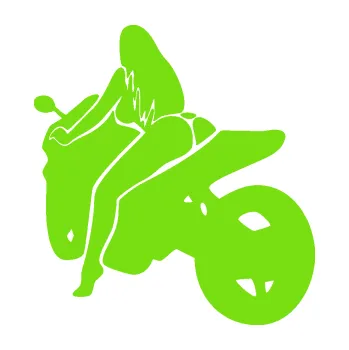 Polep vozidla Sexy žena na motorce levá (04 - zelená kawasaki) SAMOLEPKA NA AUTO, NÁLEPKA, FÓLIE, POLEP, TUNING, VLASTNÍ TEXT, TISK, AUTOSAMOLEPKY.cz, POLEPY, OBRÁZEK, LOGO, 3D STICKERS