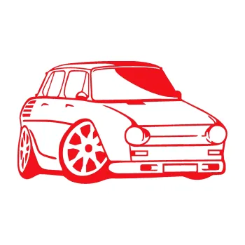 Polep vozidla SAMOLEPKA Škoda 100 karikatura pravá (10 - červená) NA AUTO, NÁLEPKA, FÓLIE, POLEP, TUNING, VLASTNÍ TEXT, TISK, AUTOSAMOLEPKY.cz, POLEPY, OBRÁZEK, LOGO, SAMOLEPKY