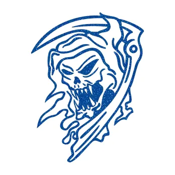 Samolepicí dekorace na vozidlo Smrtková levá s kosou (88 - Ultra Metalic modrá) SAMOLEPKA NA AUTO, NÁLEPKA, FÓLIE, POLEP, TUNING, VLASTNÍ TEXT, TISK, AUTOSAMOLEPKY.cz, POLEPY, OBRÁZEK, LOGO, 3D STICKERS