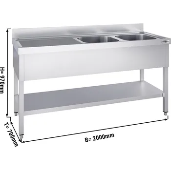 Kuchyňská skříňka G.Gastro Dřezová skříňka PREMIUM z nerezové oceli - se spodní policí - 2,0 m - 2 dřezy vpravo - D 60 x Š 50 x H 30 cm