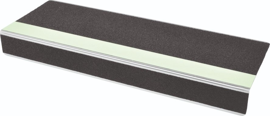 Luminiscenční protiskluzový profil na schodové hrany WT-5409–minerální granulát v syntetické pryskyřici, černá-luminiscenční-černá, 600×31×106 mm