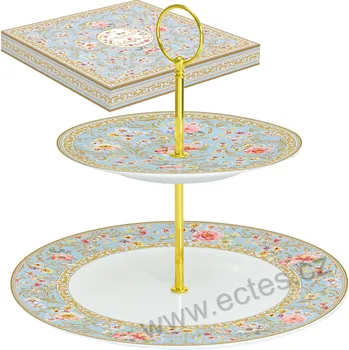 Easy Life MAJESTIC FLOWERS modrý porcelánový etažér: 2-patrový dezertní stojan růže a květy