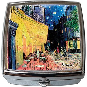 Kosmetické zrcátko Plumeria Plu - Krabička na tablety lékovka-pilulník se zrcátkem V. van Gogh, Café Terrace - 54x58x18 mm