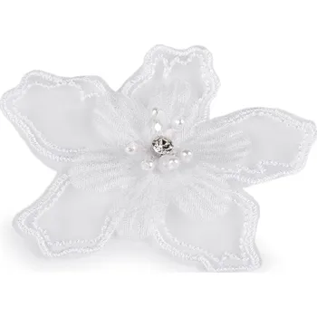 Květ s kamínkem a korálky k našití a nalepení Ø8 cm, barva 1 bílá