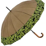 C-Collection Dámský holový deštník s dřevěnou rukojetí C-Collection 402-2 hnědý se zelenými listy