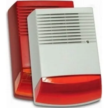 Zabezpečovací technika Drátová profi magnetodynamická strobo siréna červená velká zálohovana, SPL 120dB, bílá