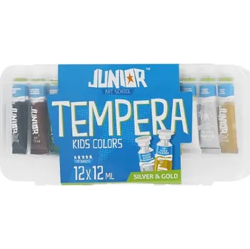 Speciální výtvarná barva JUNIOR-ST Tempery v boxu 12 ks 12 ml (10 + zlatá a stříbrná) 448428