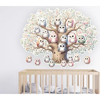 Samolepící dekorace Strom s barevnými sovičkami samolepka na zeď arch 47 x 35 cm