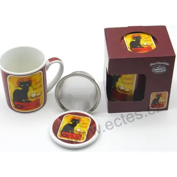 ChaCult CHAT NOIR porcelánový čajový hrnek s víčkem a nerezovým sítkem zlatý plakát s černou kočkou 250ml