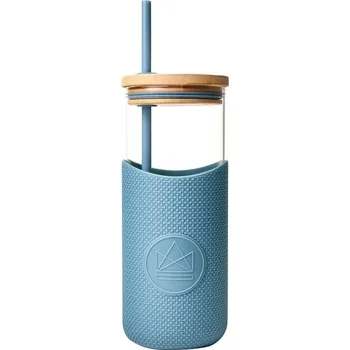 Skleněný pohár s brčkem, 1l, Neon Kactus, modrý