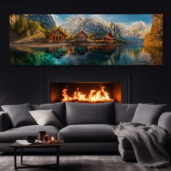 Obraz Obraz na plátně - Tři chatky u čistého jezera FeelHappy.cz Velikost obrazu (šířka x výška): 120 x 40 cm